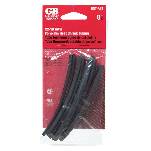 Gb Heat Shrink Tube, Thin Wall, 2:1 I.D. Shrink Ratio, 1/8 in, 3/16 in, 1/4 in, Black, 4 in HST-AST - main